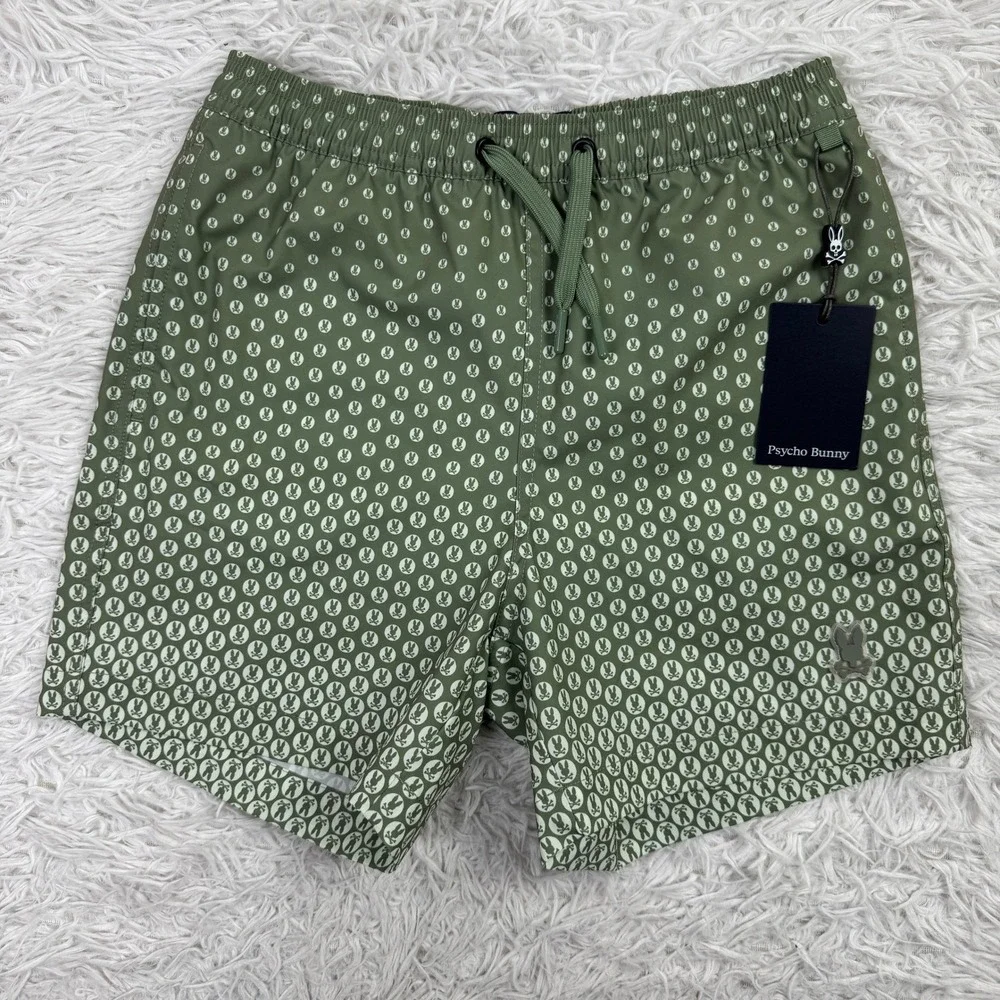 NWT Psycho Bunny Shorts Boys Medium 10-12 Green Bendigo AOP Lined Swim Trunk M